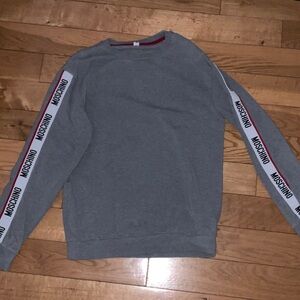 Moschino Gray Crewneck Sweater with Logo Stripes